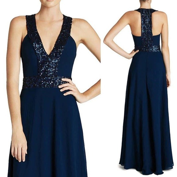 Dress the Population Women's Delani Sequin Crepe Gown Navy Size S NWOT - Picture 3 of 12